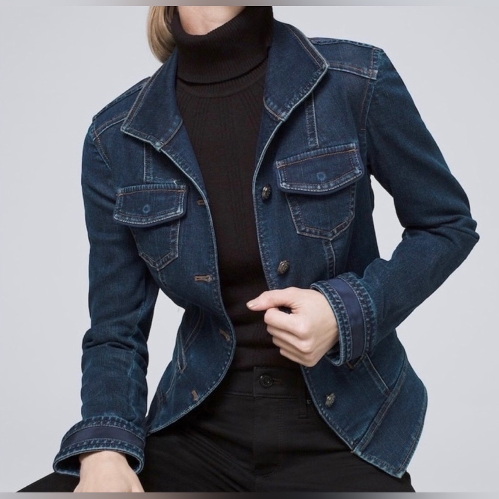 WHBM Denim Band Jacket Size 6 Indigo Military Stretch NWT